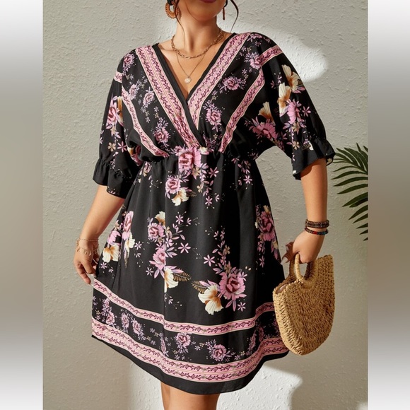 Boho Plus Size Floral Print Tie Back Dress Navy Blue - Picture 8 of 14